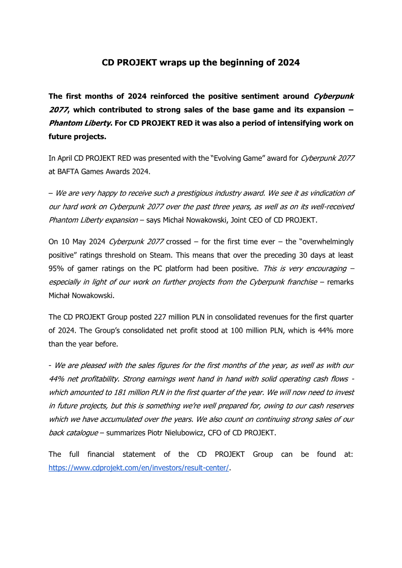 Cover of CD PROJEKT Q1 2024 Earnings Release