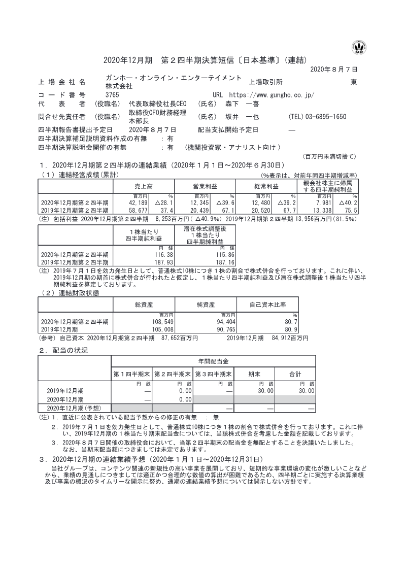 Cover of GungHo Online Entertainment FY2020 Q2 Financial Results