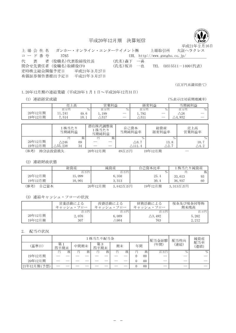 Cover of GungHo Online Entertainment FY2008 Financial Results