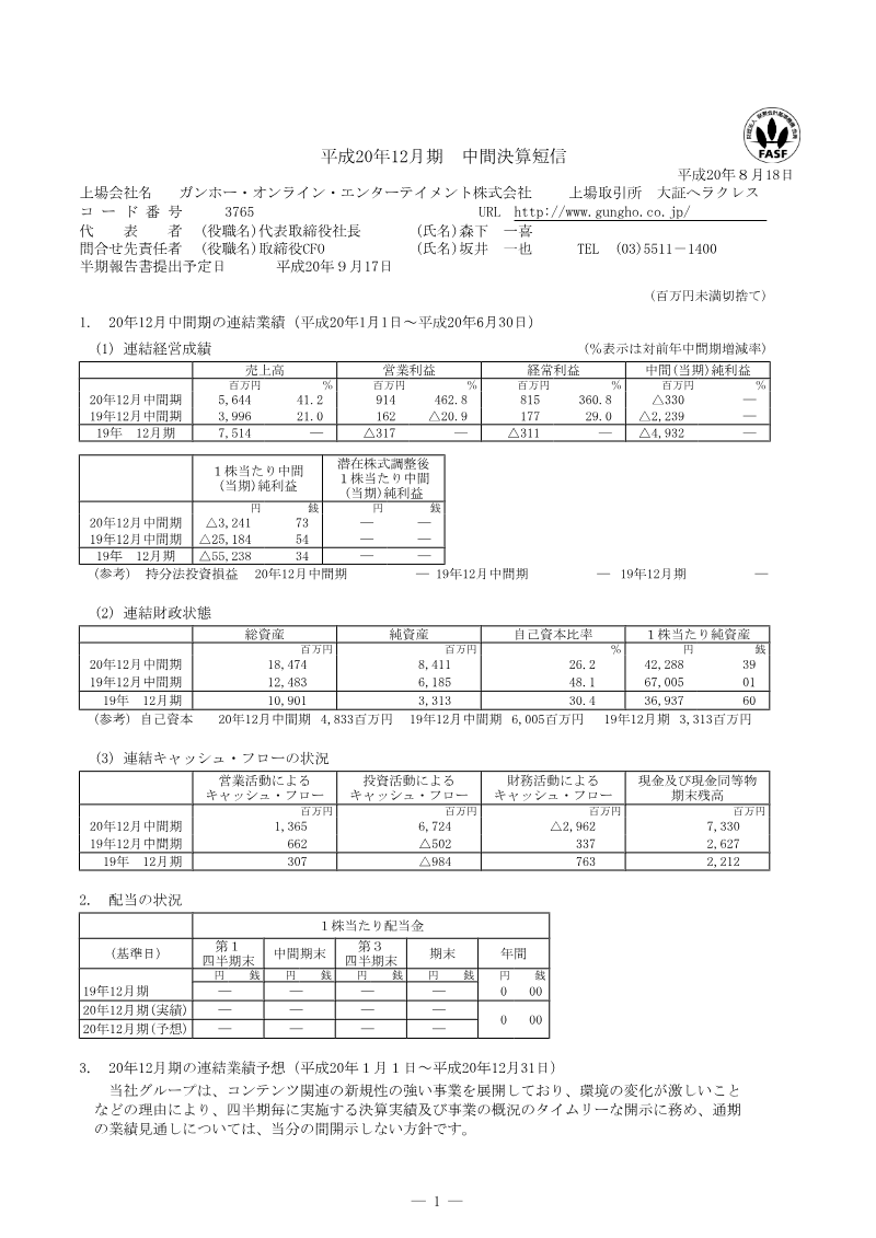 Cover of GungHo Online Entertainment FY2008 Q2 Interim Financial Results