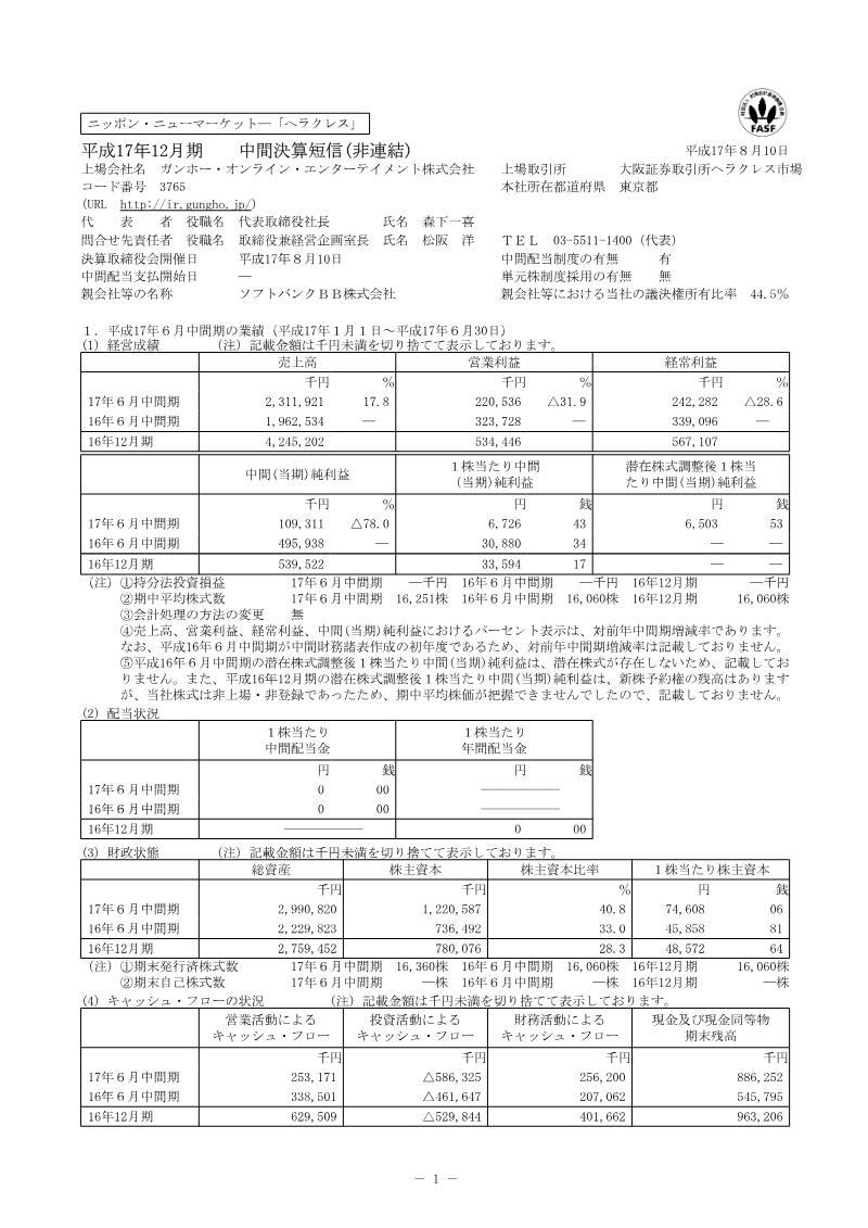 Cover of GungHo Online Entertainment FY2005 Q2 Interim Financial Results
