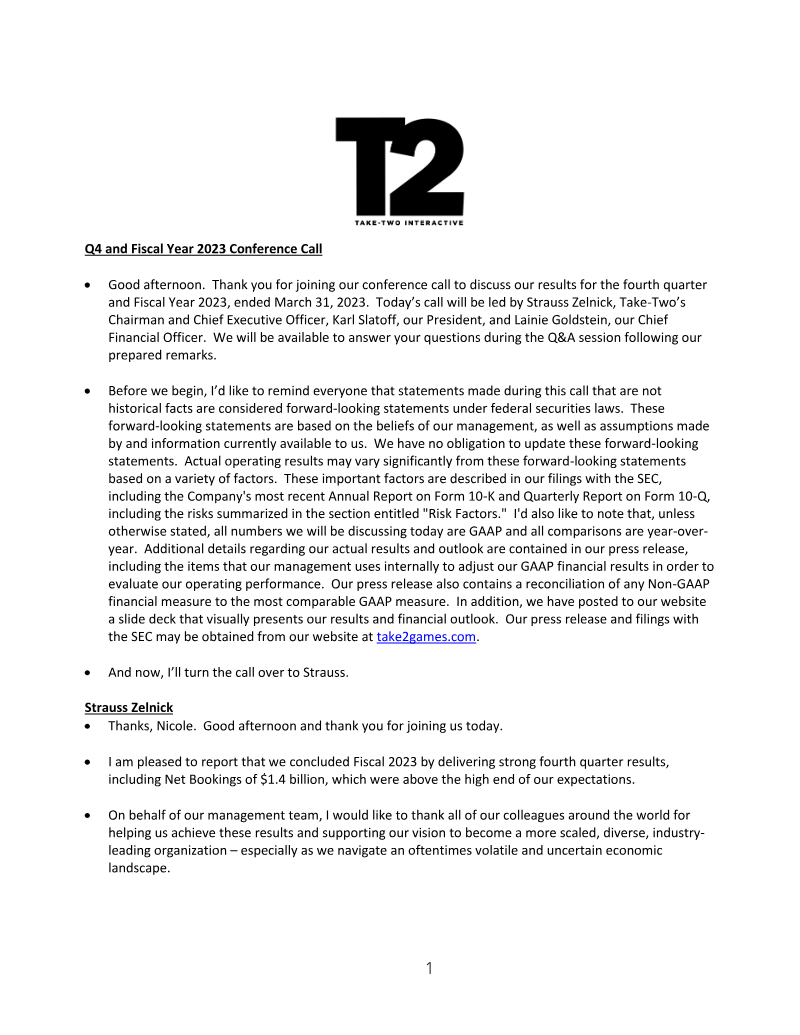 Cover of Take-Two Interactive Q4 and Fiscal Year 2023 Conference Call