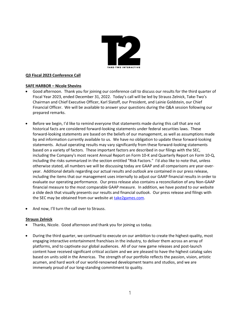 Cover of Take-Two Interactive Q3 Fiscal 2023 Conference Call