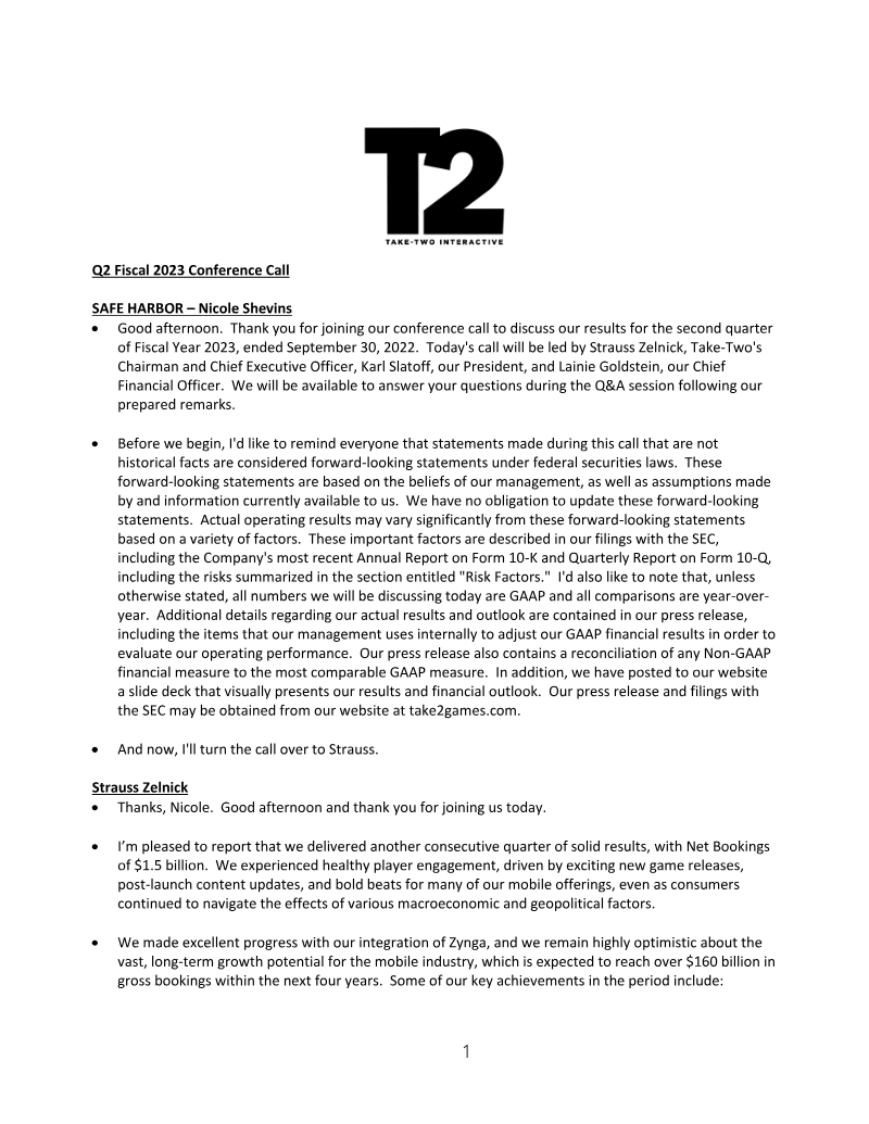 Cover of Take-Two Interactive Q2 Fiscal 2023 Earnings Results