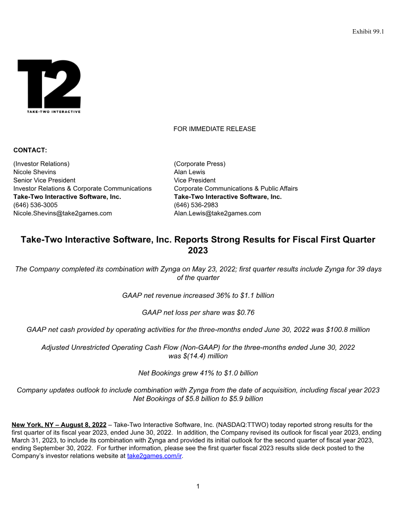 Cover of Take-Two Interactive Software, Inc. Reports Strong Results for Fiscal First Quarter 2023