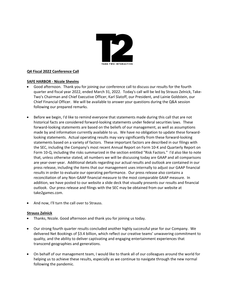 Cover of Take-Two Interactive Q4 Fiscal 2022 Earnings Results
