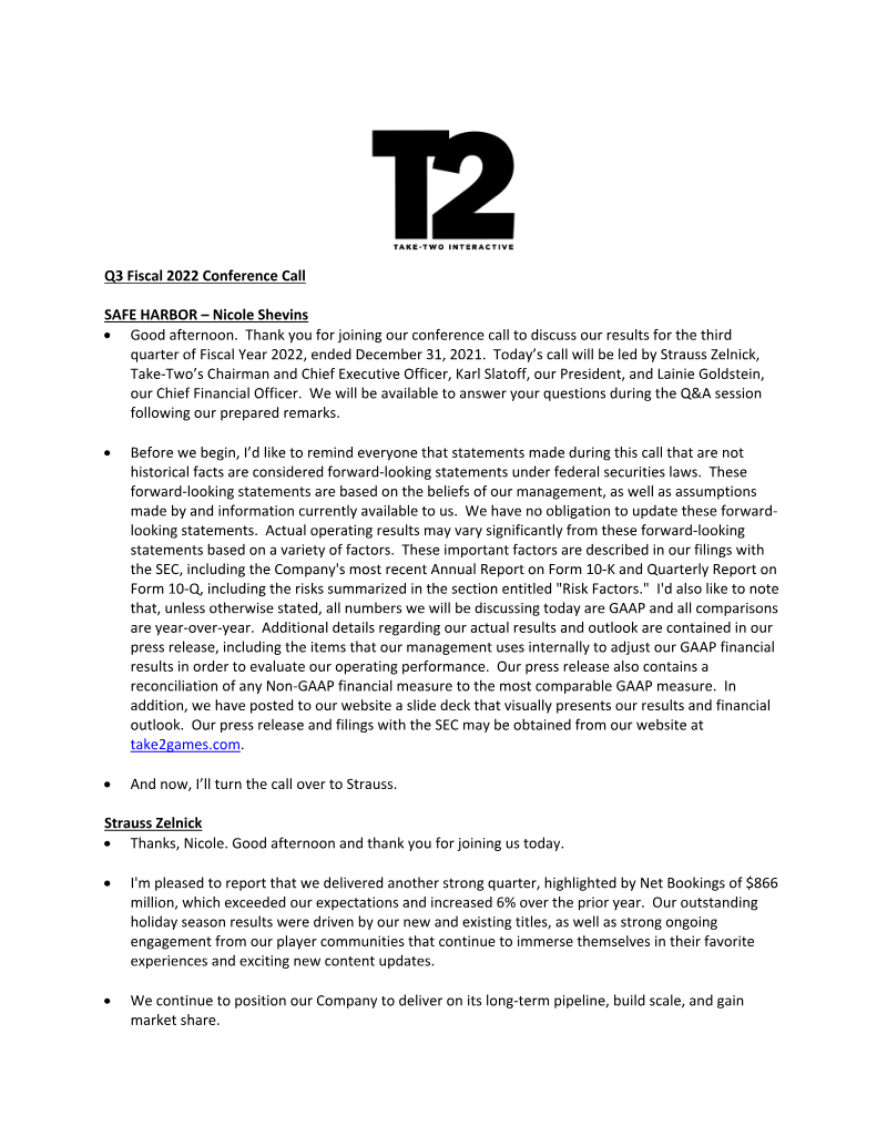 Cover of Take-Two Interactive Q3 Fiscal 2022 Conference Call