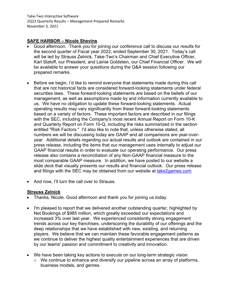 Cover of Take-Two Interactive Software: 2Q22 Quarterly Results Management Prepared Remarks