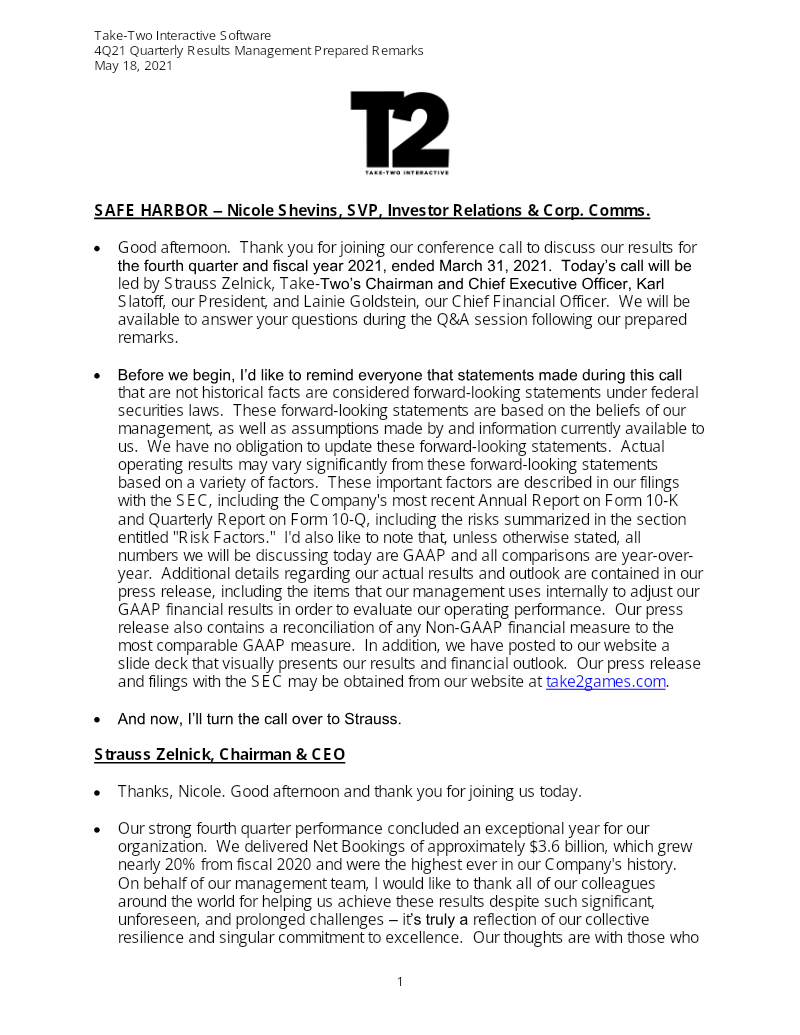 Cover of Take-Two Interactive 4Q21 Quarterly Results Management Prepared Remarks