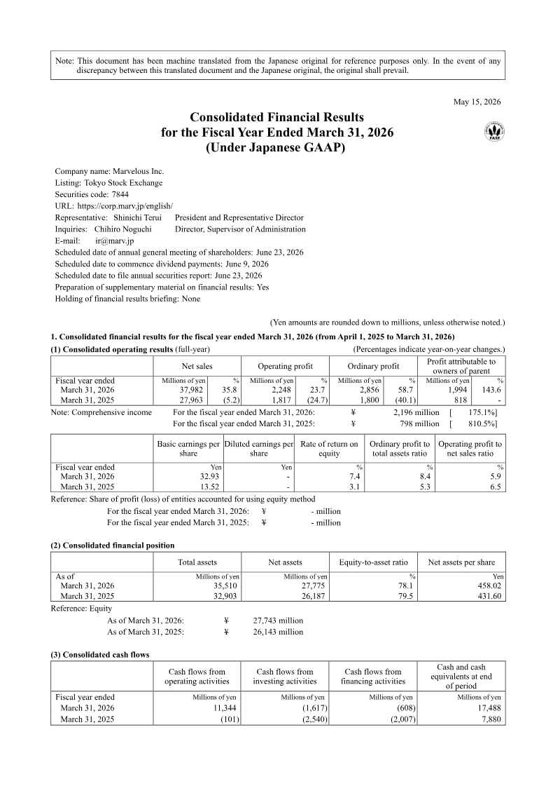 Cover of Marvelous Consolidated Financial Results for the Fiscal Year Ended March 31, 2026