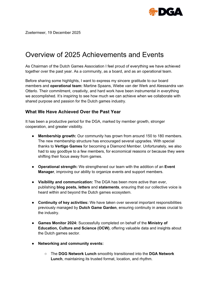 Cover of Overview of 2025 Achievements and Events: Dutch Games Association