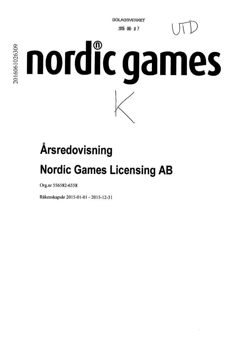 Cover of Årsredovisning och Koncernredovisning 2015: Nordic Games Licensing AB