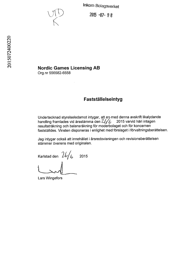 Cover of Nordic Games Licensing AB Annual and Consolidated Accounts 2014