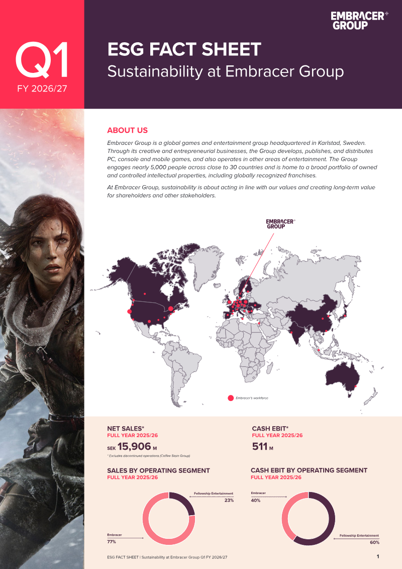 Cover of Sustainability at Embracer Group: FY 2026/27 ESG Fact Sheet