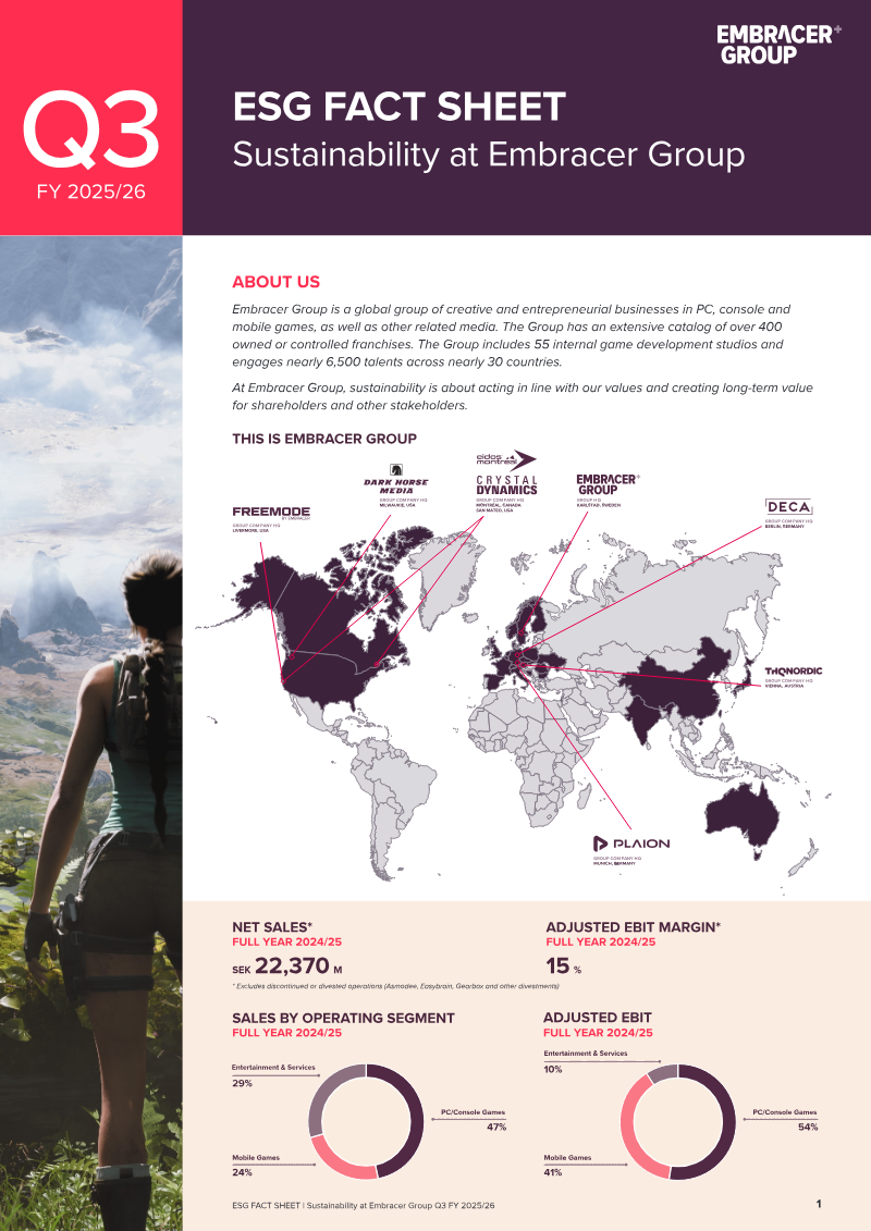 Cover of Sustainability at Embracer Group: FY 2025/26 ESG Fact Sheet