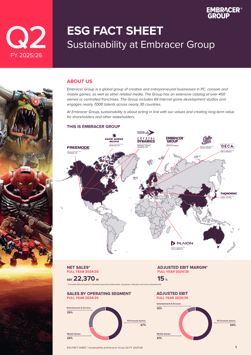 Cover of Sustainability at Embracer Group: FY 2025/26 ESG Fact Sheet