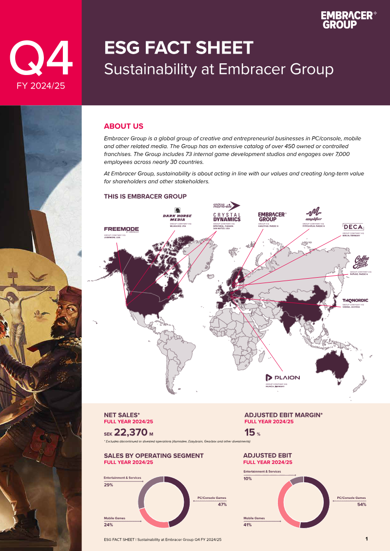 Cover of Sustainability at Embracer Group: FY 2024/25 ESG Fact Sheet