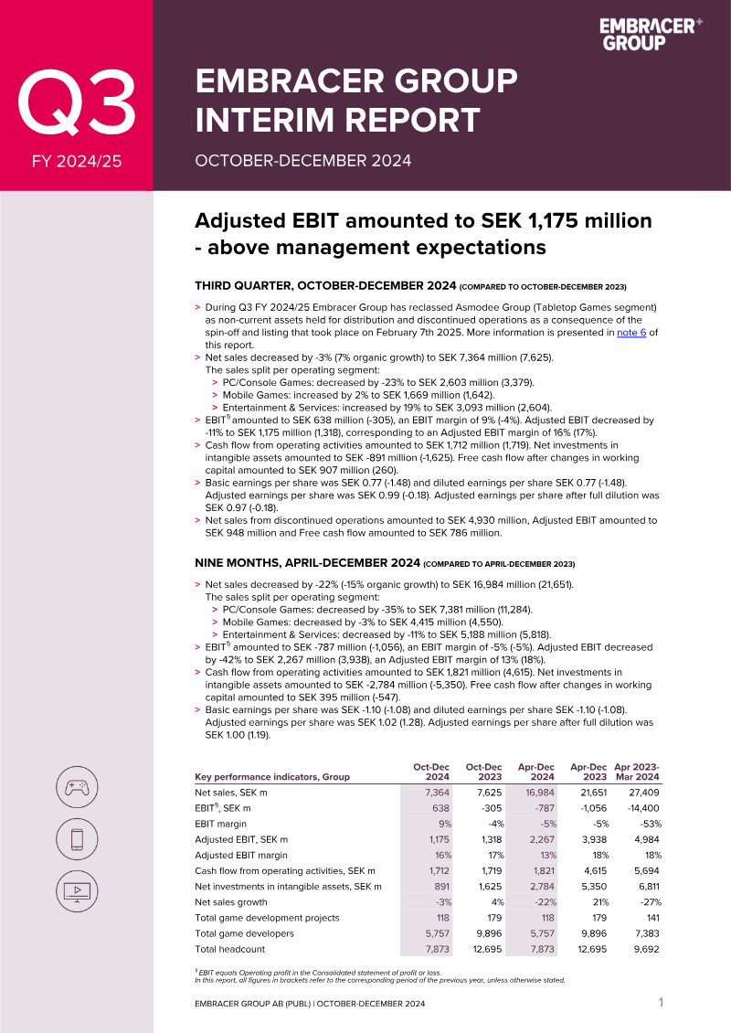Cover of Embracer Group Interim Report: Q3 FY 2024/25
