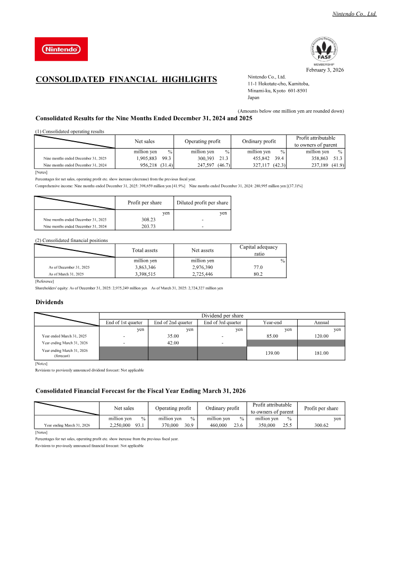 Cover of Consolidated Financial Highlights: Nine Months Ended December 31, 2025