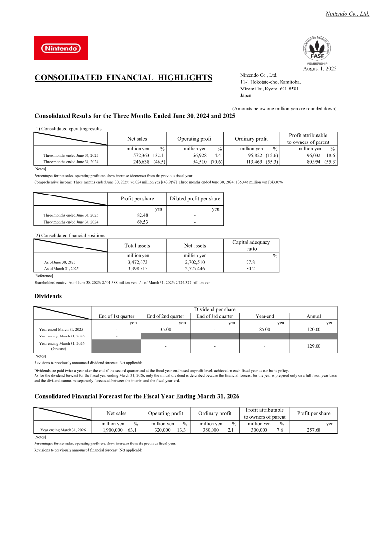Cover of Consolidated Financial Highlights: Three Months Ended June 30, 2025
