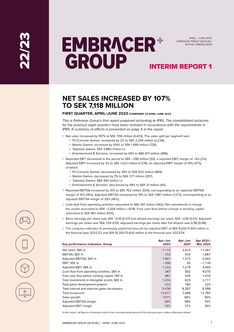 Cover of Embracer Group Interim Report: Q1 April-June 2022