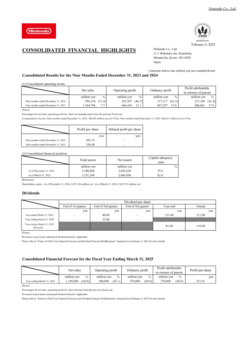 Cover of Consolidated Financial Highlights: Nine Months Ended December 31, 2024