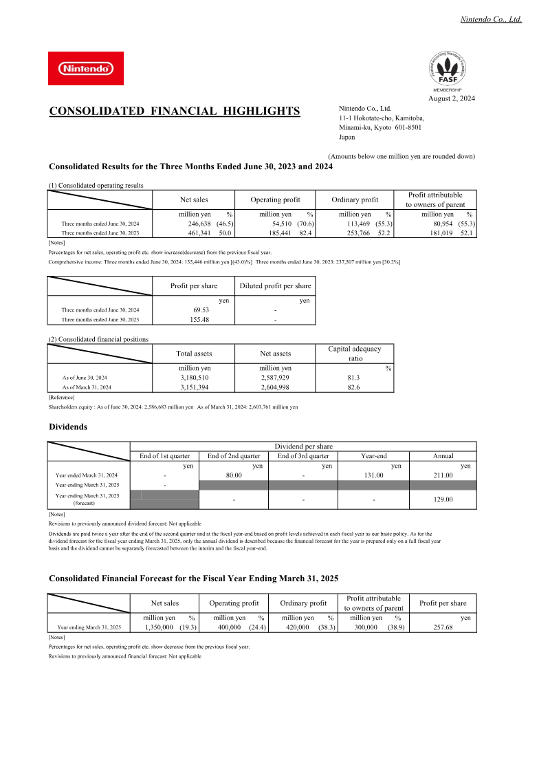 Cover of Consolidated Financial Highlights: Three Months Ended June 30, 2024