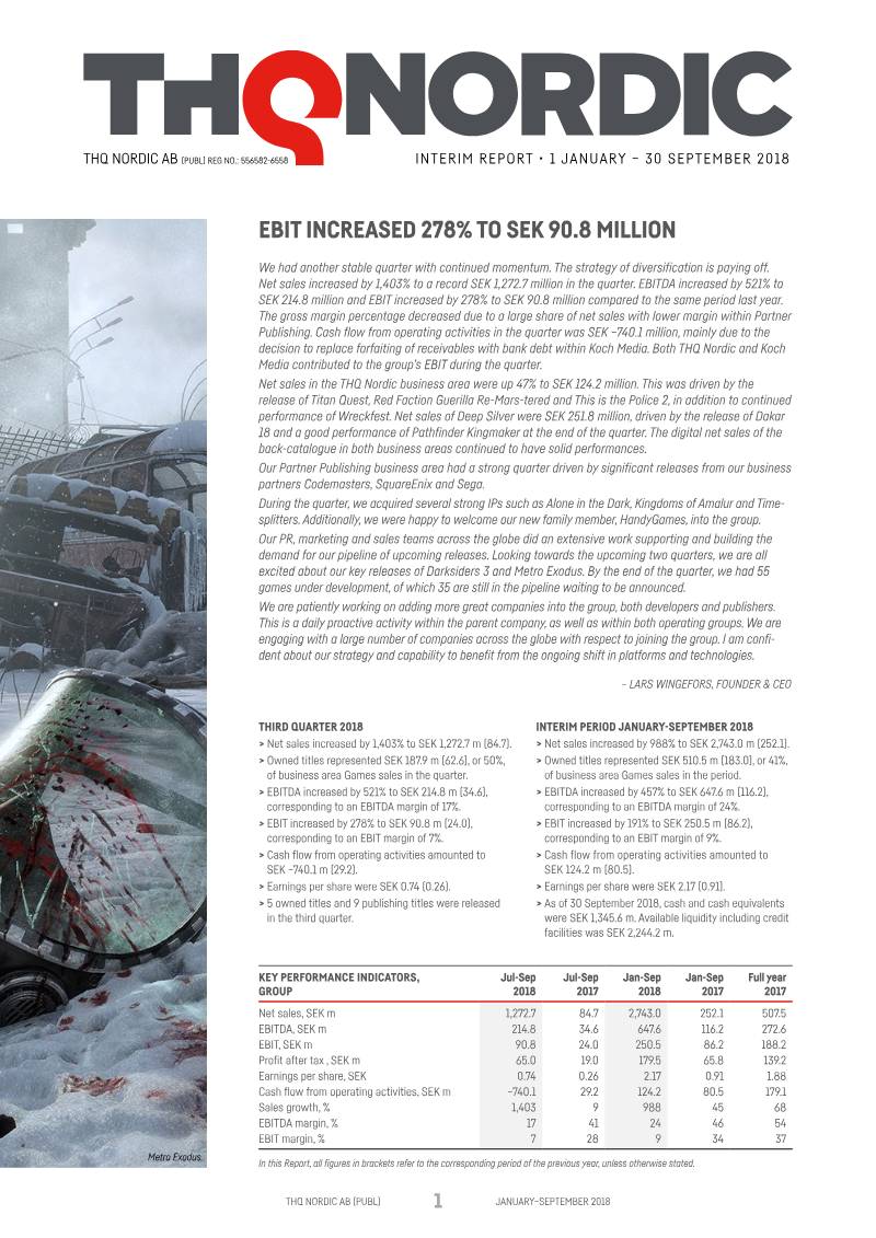 Cover of THQ Nordic Interim Report: 1 January - 30 September 2018