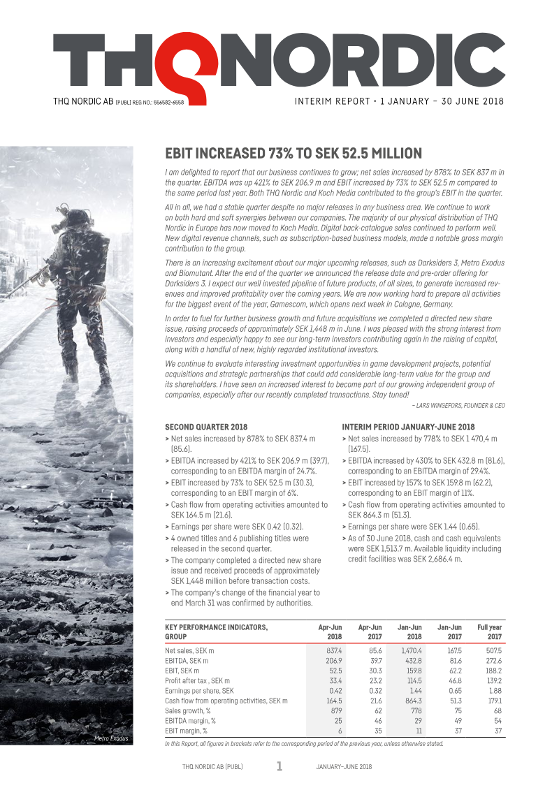 Cover of THQ Nordic AB Interim Report: 1 January - 30 June 2018