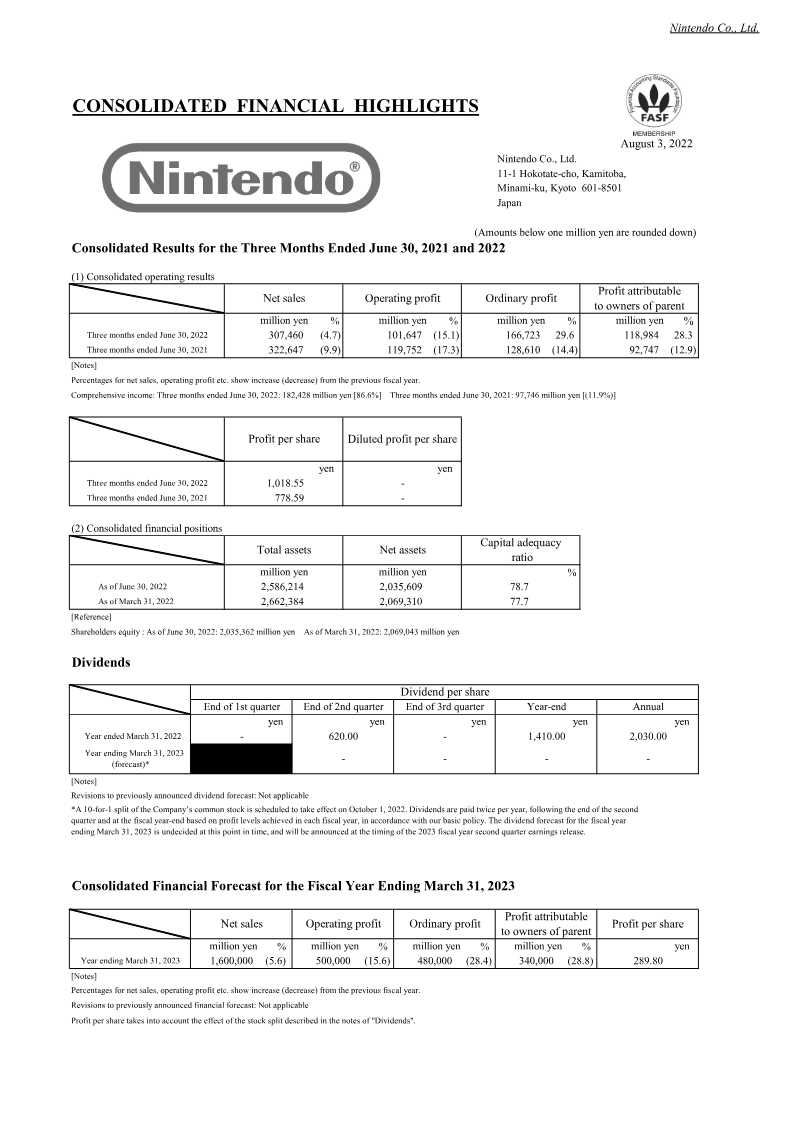 Cover of Consolidated Results for the Three Months Ended June 30, 2022