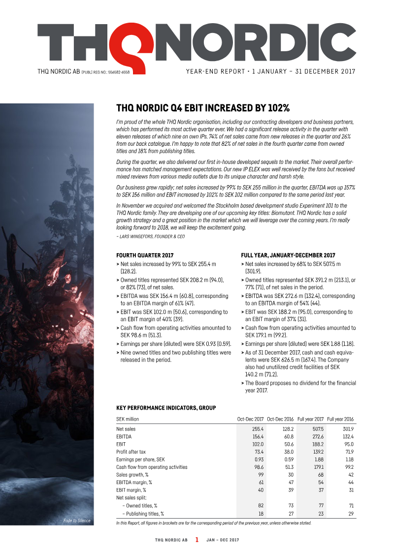 Cover of THQ Nordic AB Year-End Report: 1 January - 31 December 2017