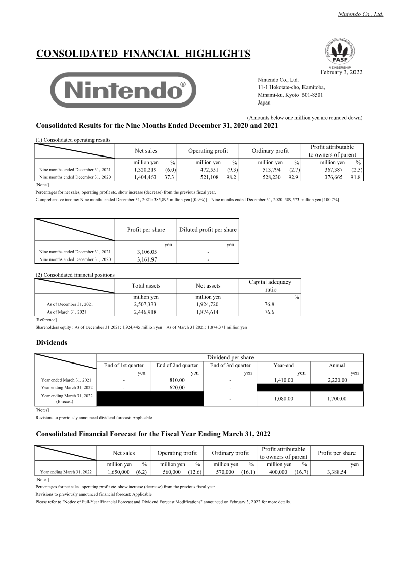 Cover of Consolidated Financial Results for the Nine Months Ended December 31, 2021: Nintendo