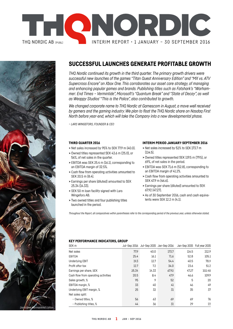 Cover of THQ Nordic AB Interim Report: 1 January - 30 September 2016