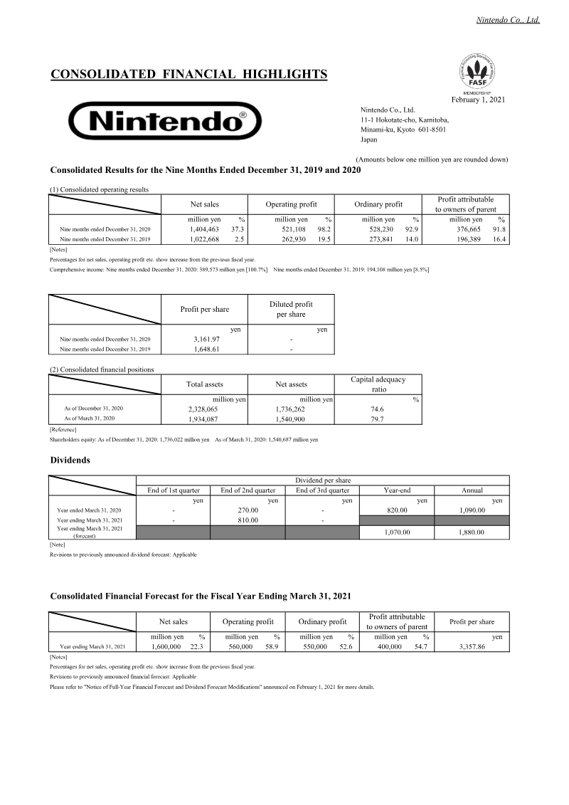 Cover of Consolidated Results for the Nine Months Ended December 31, 2020: Nintendo