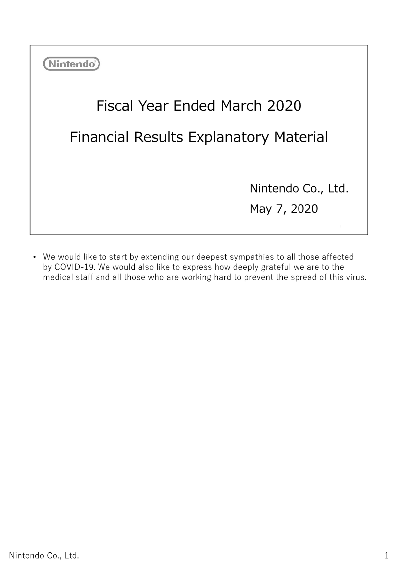 Cover of Nintendo Financial Results Explanatory Material: Fiscal Year Ended March 2020
