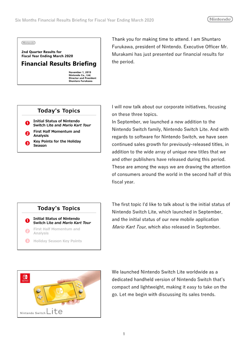 Cover of Nintendo Financial Results Briefing: Six Months Fiscal Year Ending March 2020