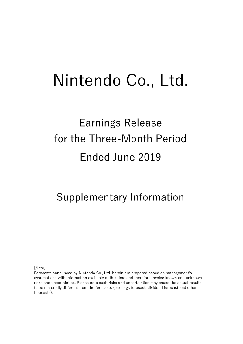 Cover of Supplementary Information for Earnings Release: June 2019