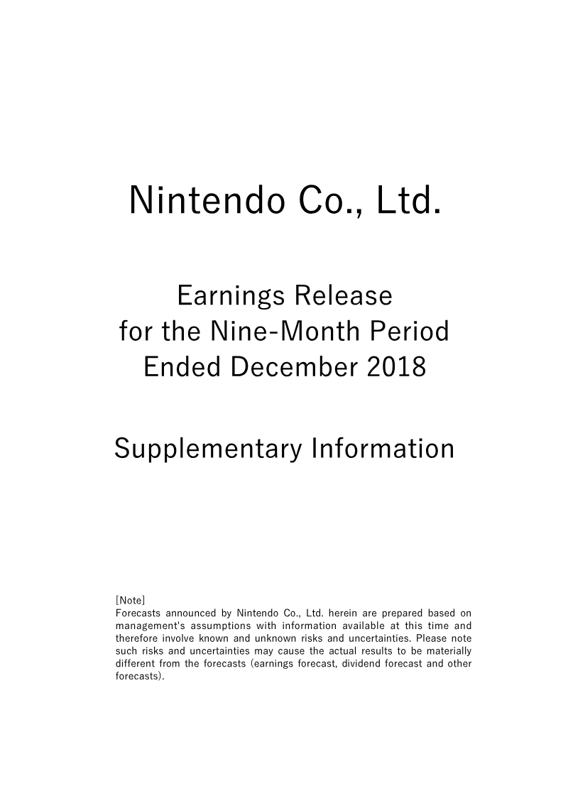Cover of Nintendo Earnings Release: Nine-Month Period Ended December 2018