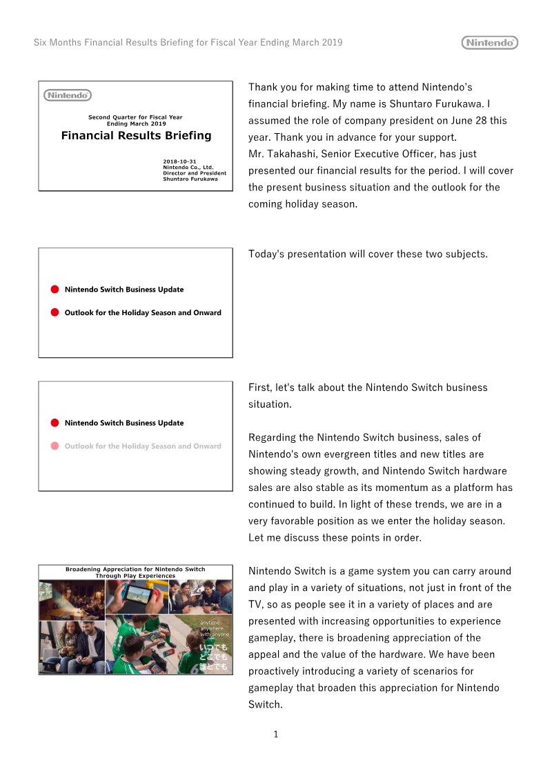 Cover of Six Months Financial Results Briefing: Fiscal Year Ending March 2019