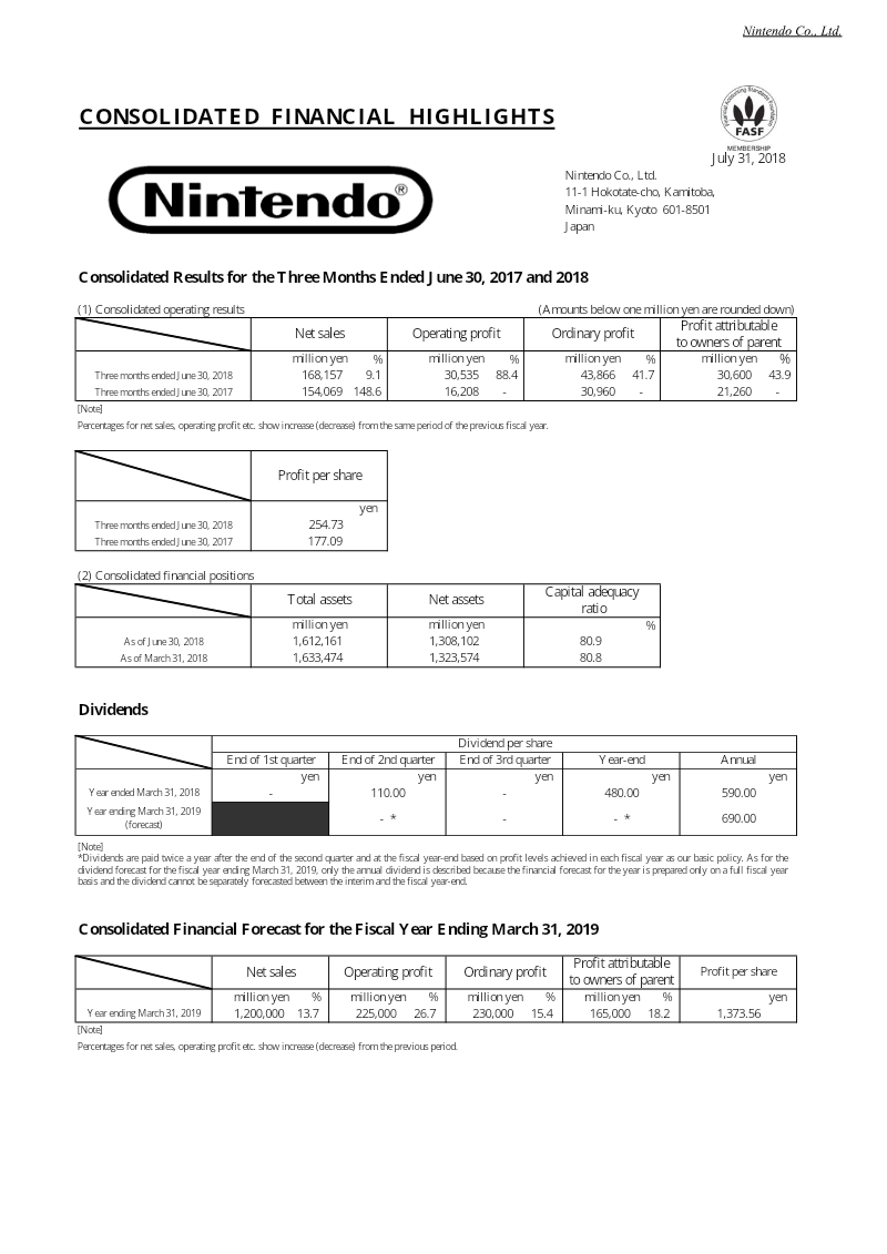 Cover of Nintendo Consolidated Financial Highlights: Three Months Ended June 30, 2018