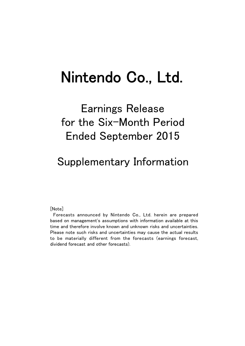 Cover of Nintendo Earnings Release: Supplementary Information (September 2015)