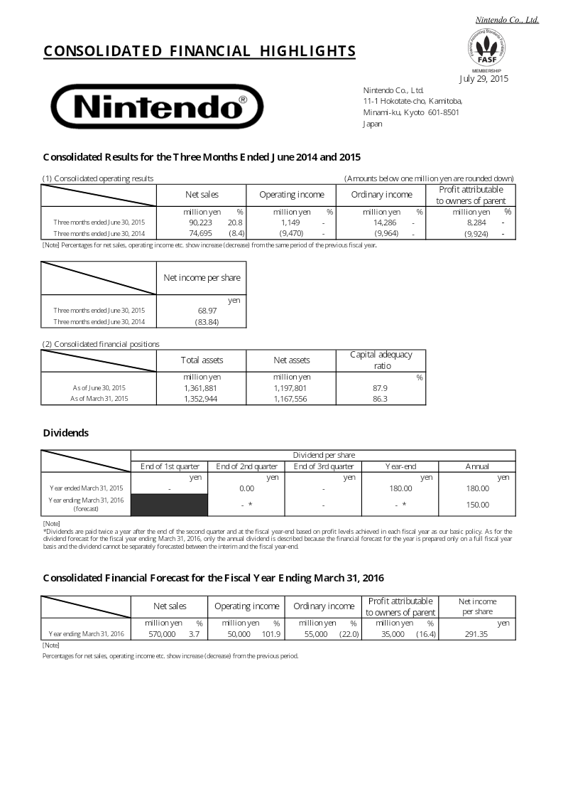 Cover of Consolidated Results for the Three Months Ended June 2014 and 2015: Nintendo