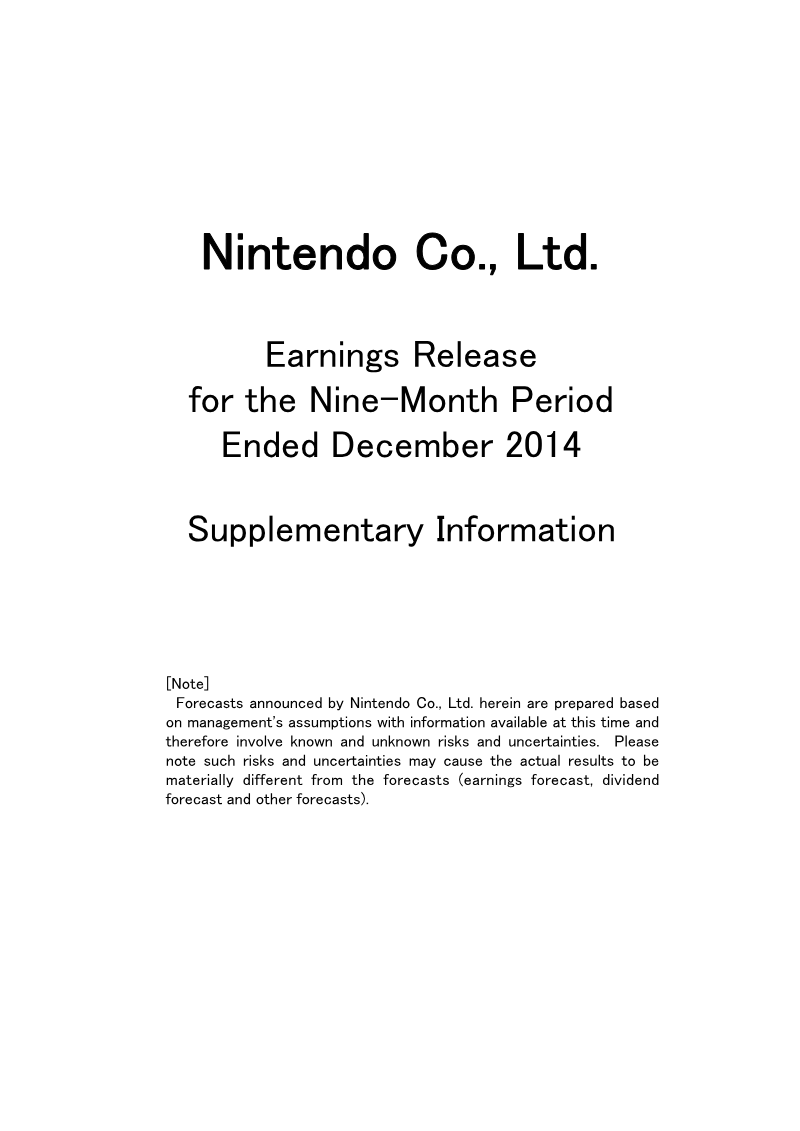 Cover of Earnings Release for the Nine-Month Period Ended December 2014: Supplementary Information