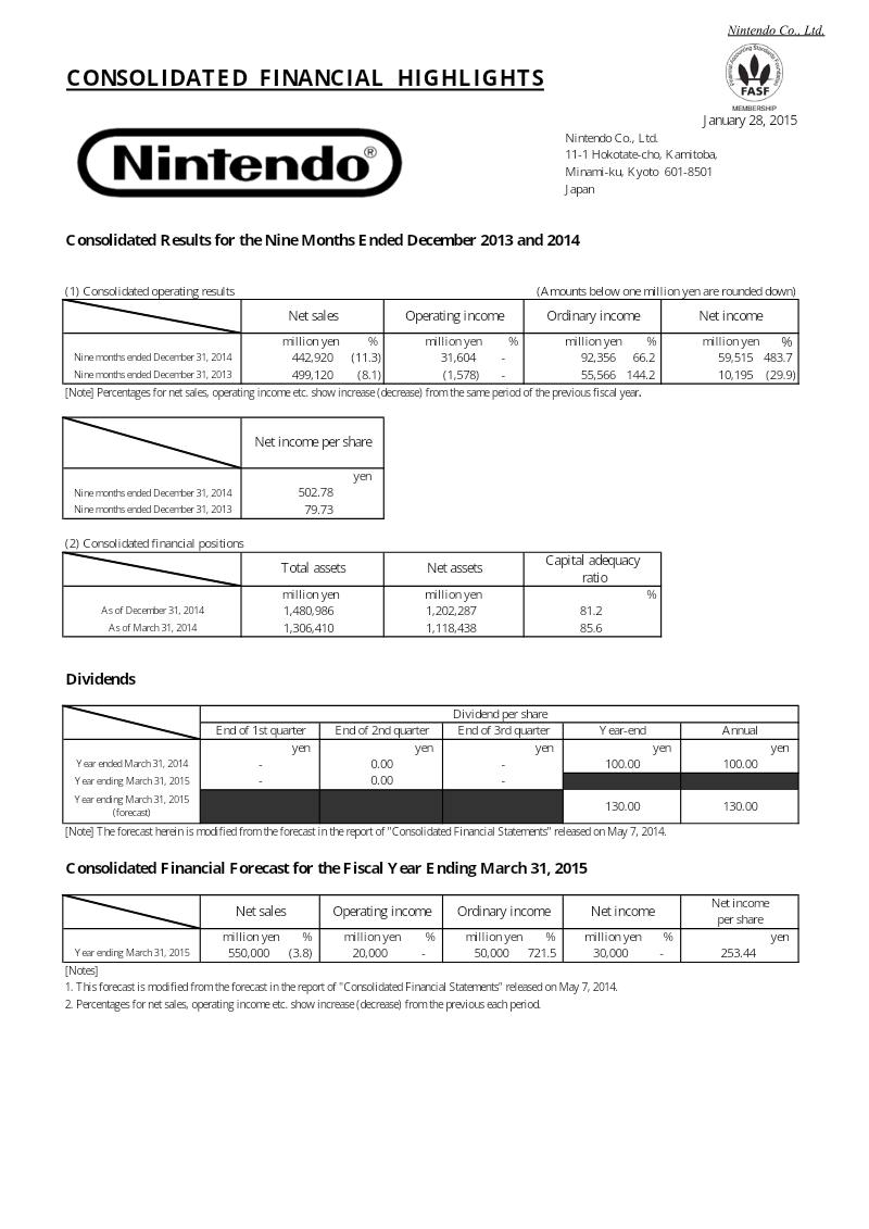 Cover of Consolidated Results for the Nine Months Ended December 2013 and 2014