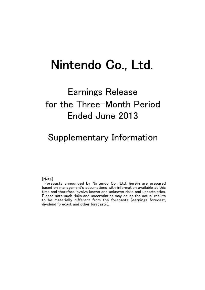 Cover of Earnings Release for the Three-Month Period Ended June 2013: Supplementary Information