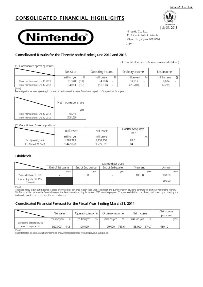 Cover of Consolidated Financial Highlights: Three Months Ended June 2013