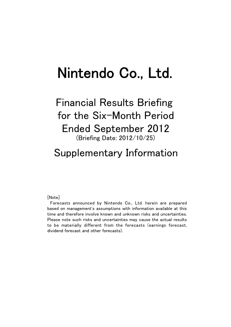 Cover of Financial Results Briefing for the Six-Month Period Ended September 2012: Supplementary Information