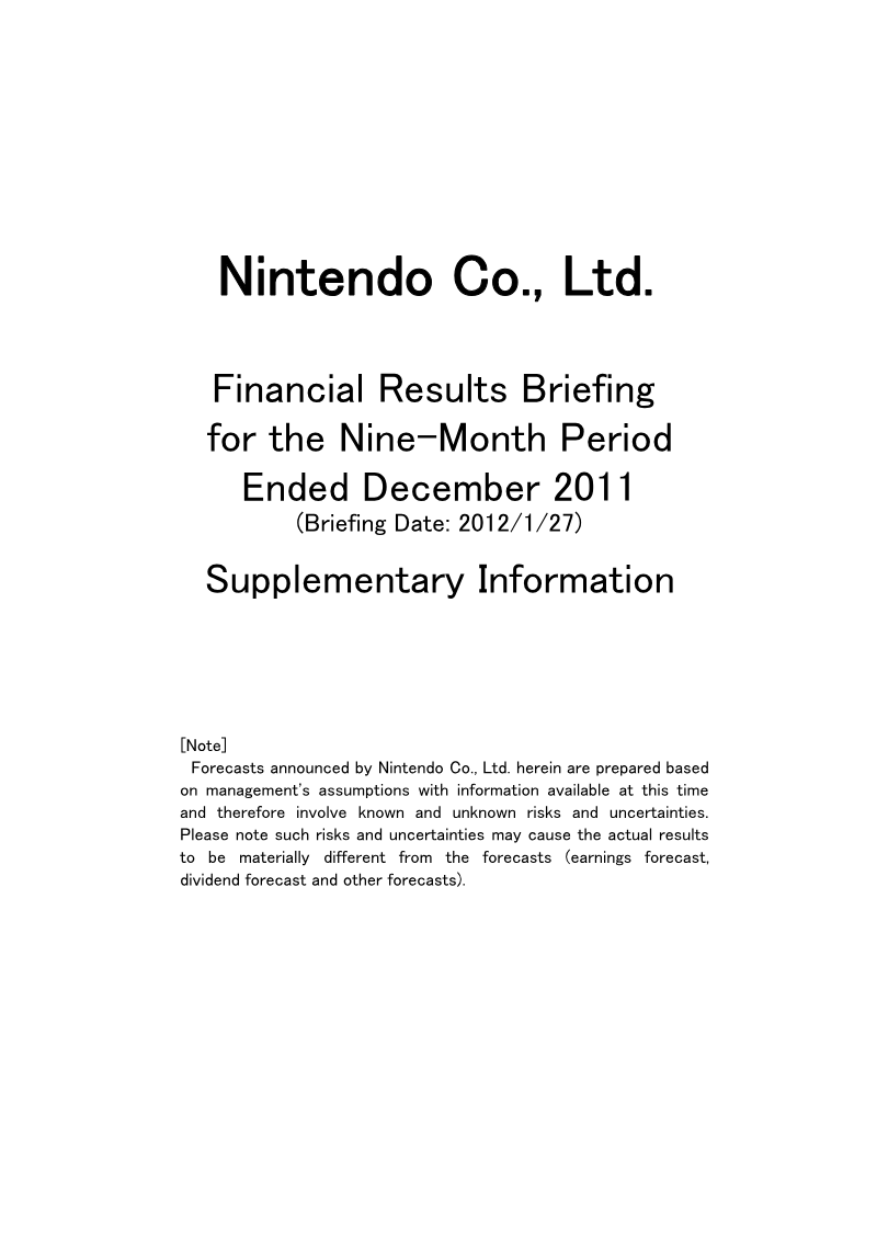 Cover of Nintendo Financial Results Briefing for the Nine-Month Period Ended December 2011