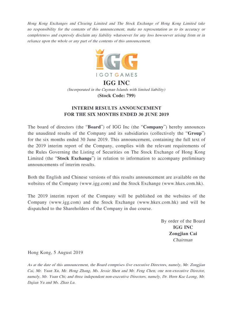 Cover of IGG Inc Interim Results Announcement for the Six Months Ended 30 June 2019