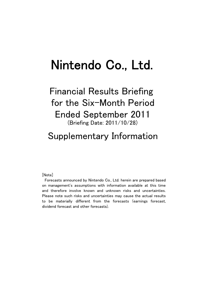 Cover of Financial Results Briefing for the Six-Month Period Ended September 2011: Supplementary Information